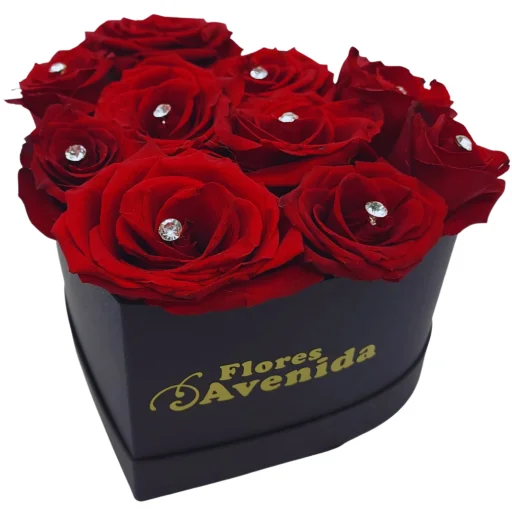 Caja corazon de rosas rojas y brillantes lite